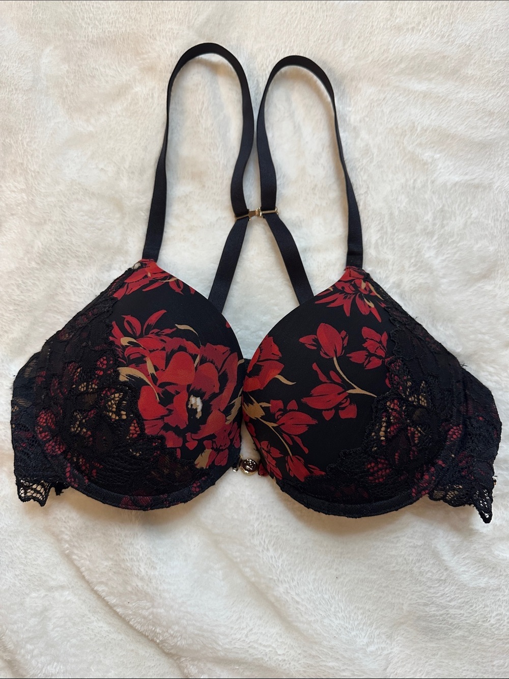 LA VIE EN ROSE 34C Black & Red Floral Padded Lace PushUp Bra Feminine Flattering